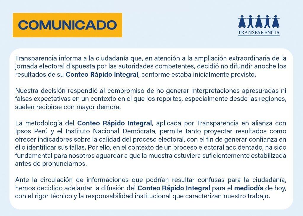 Transparencia explica por qué el conteo rápido que trabajan junto a Ipsos no se publicó el domingo
