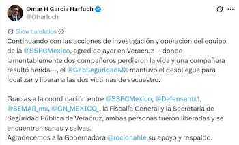 Fuerzas federales y estatales mantienen un operativo para localizar a los responsables de la agresión contra los agentes. (X @OHarfuch)