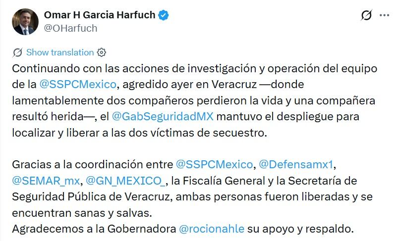 Fuerzas federales y estatales mantienen un operativo para localizar a los responsables de la agresión contra los agentes. (X @OHarfuch)