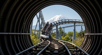 Un tren de montaña rusa blanco con pasajeros sale de un túnel oscuro y curvo. Al fondo, se eleva el Monte Fuji cubierto de nieve bajo un cielo azul claro.