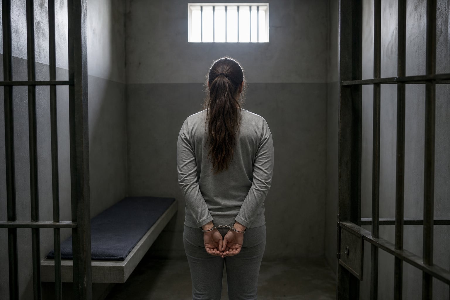 Una mujer permanece de pie y esposada dentro de una celda de prisión con barrotes metálicos. (Imagen Ilustrativa Infobae)