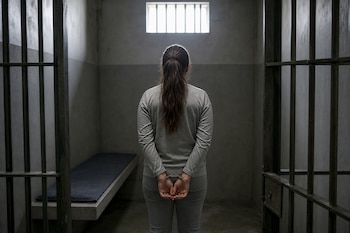 Mujer de espaldas con ropa gris y manos esposadas en el centro de una celda con barrotes, una banca y una ventana alta.