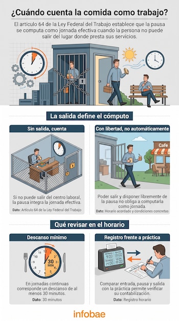 Infografía con ilustraciones de trabajadores en su descanso, relojes, un registro de horario y texto sobre la Ley Federal del Trabajo.