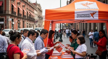 Módulos de Movimiento Ciudadano con una carpa naranja y gente interactuando, distribuyendo y llenando documentos. Fondo urbano con edificios.