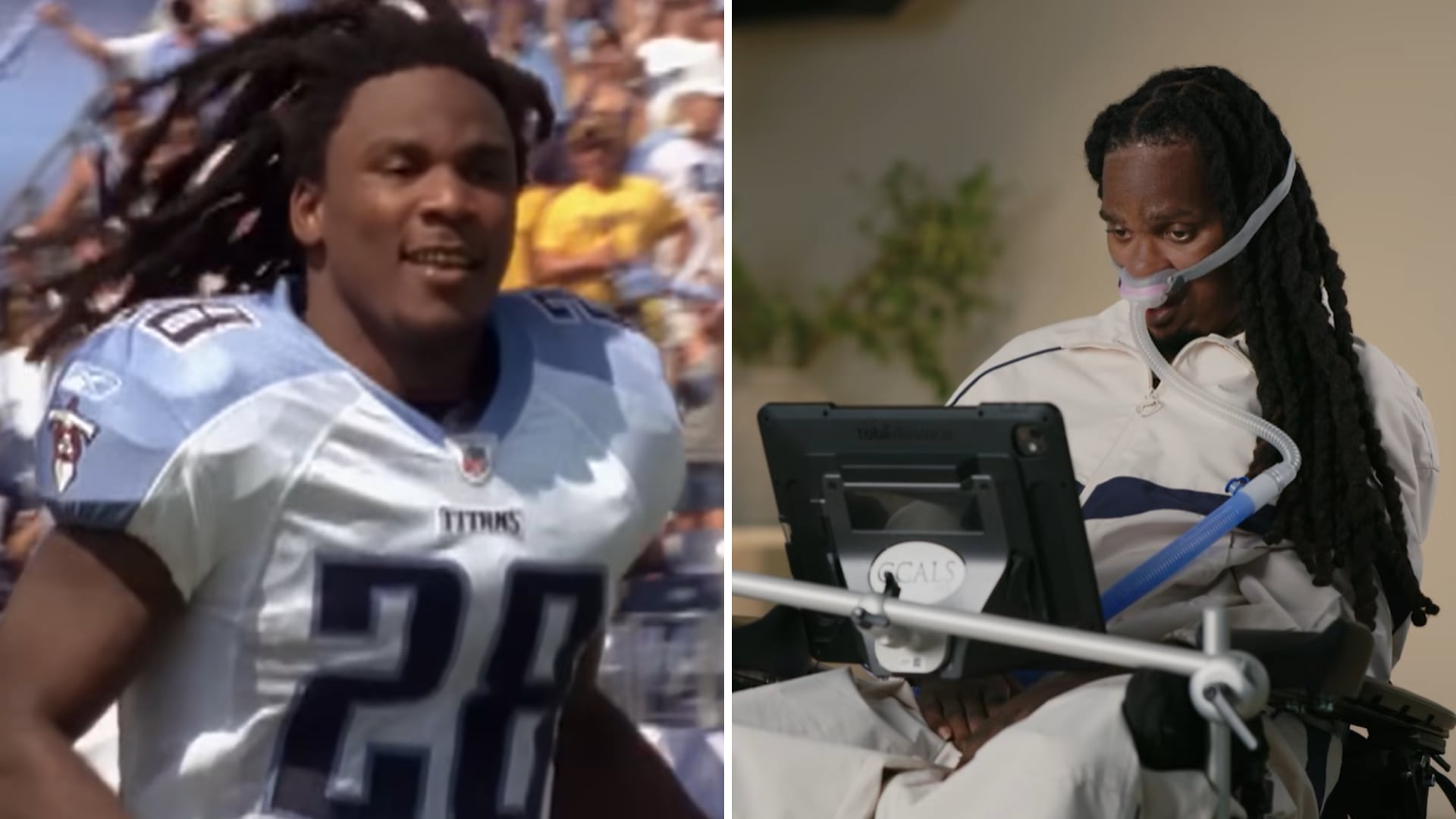 El exjugador de la NFL Chris Johnson utiliza un dispositivo generador de voz controlado con los ojos para comunicarse tras su diagnóstico de Esclerosis Lateral Amiotrófica (YouTube/@Titans y @People)