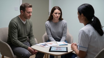 Un hombre y una mujer sentados frente a una doctora. Sobre la mesa hay folletos y una tablet con diagramas de anatomía humana, indicando una consulta médica seria.