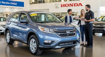 Un SUV azul brillante, certificado de segunda mano, exhibido en una concesionaria Honda. Un vendedor con una tableta conversa con una pareja joven.
