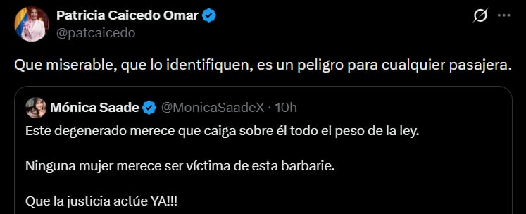La senadora Patricia Caicedo exigió a las autoridades que capturen al taxista agresor de una mujer en Cúcuta - crédito @patcaicedo/X