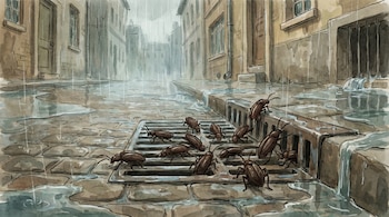 Ilustración de un grupo de cucarachas emergiendo de un drenaje metálico en una calle adoquinada bajo una lluvia torrencial, con edificios a los lados.