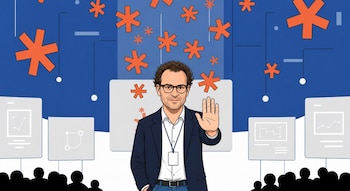 Ilustración de Dario Amodei, CEO de Anthropic, con gafas y traje, levantando la mano izquierda. Fondo azul con asteriscos naranjas, gráficos y siluetas de personas