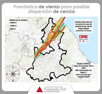 Mapa de Protección Civil de Puebla sobre la dirección que podrían tomar las emisiones del volcán Popocatépetl