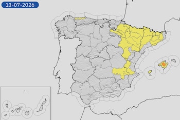 Mapa de alerta de temperatura e tempestade para esta segunda-feira, 13 de julho de 2026. (Aemet)