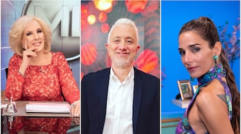 Collage de tres imágenes: Mirtha Legrand con vestido rojo, Ángel de Brito sonriendo con chaqueta oscura y Pampita con top estampado.