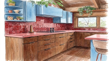 Una ilustración en acuarela de una cocina moderna con gabinetes superiores azules, una pared de azulejos rojos, encimeras rosas y gabinetes inferiores de madera.