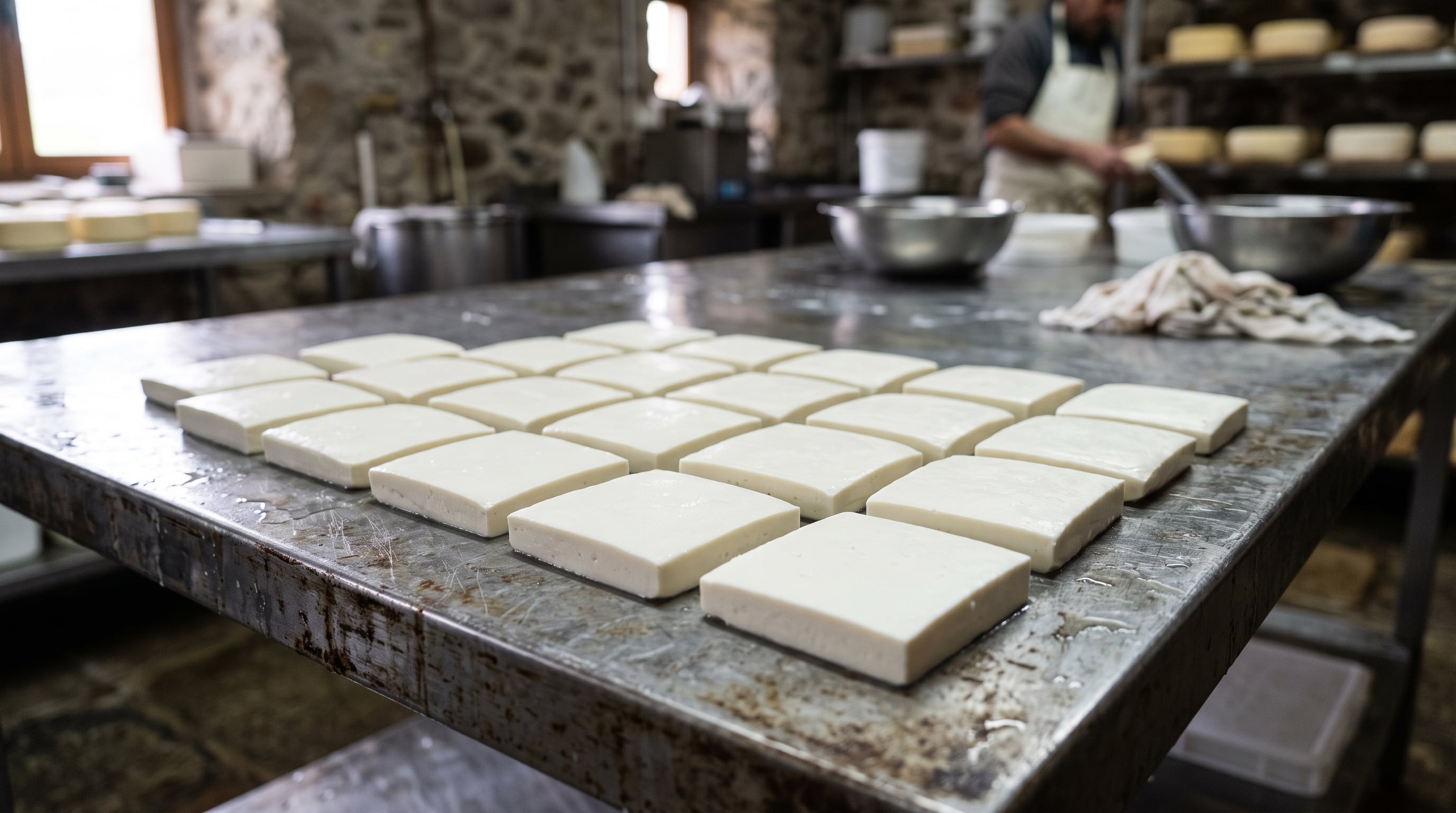 Bloques de queso fresco permanecen sobre una mesa metálica durante su proceso de elaboración en una fábrica tradicional. (Imagen Ilustrativa Infobae)