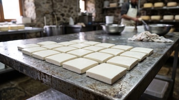 Quesos blancos y cuadrados ordenados sobre una mesa de metal en una habitación con paredes de piedra y estantes.