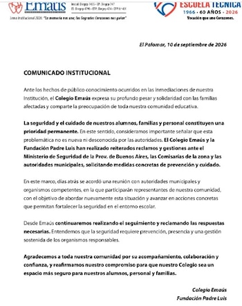 Documento impreso con membrete del Colegio Emaús y la Escuela Técnica que contiene un comunicado institucional estructurado en varios párrafos