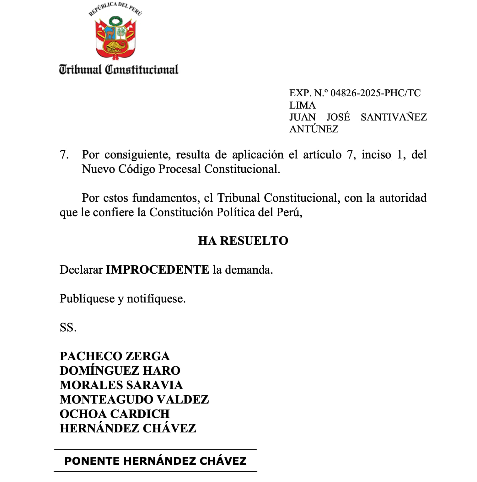 TC rechaza demanda de Juan José Santiváñez