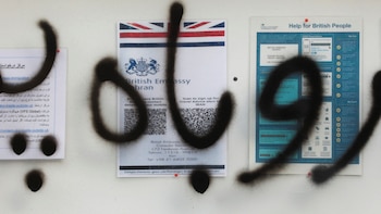 An anti-British graffiti is seen on the wall of the British Embassy in Tehran