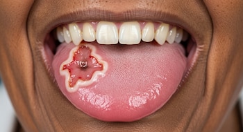 Primer plano de una boca abierta con la lengua visible, mostrando una gran lesión roja e irregular con bordes blancos y un centro oscuro.