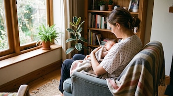 Una mujer sentada en un sillón sostiene a un bebé en brazos junto a una ventana, cerca de plantas y una estantería con libros.