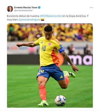 James Rodríguez brilló con sus asistencias, ganándose elogios de políticos como el exsenador Enrique Macias Tovar y otros líderes nacionales - crédito @ernestomaciast / X