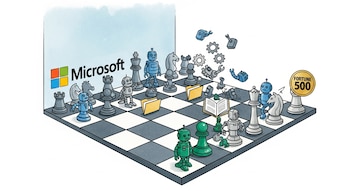 Ilustración acuarela de un tablero de ajedrez corporativo con robots y engranajes como piezas. Algunas se salen del tablero. Visibles el logo de Microsoft y Fortune 500.