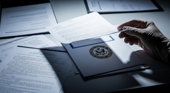 Una mesa con documentos escritos y una carpeta con el sello del Departamento del Tesoro de Estados Unidos. Una mano enguantada sostiene una hoja de papel.