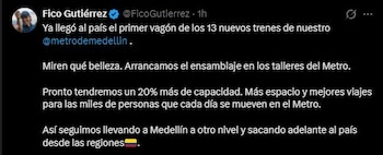 A través de su cuenta de X, el alcalde Federico Gutiérrez confirmó la llegada al país del primer vagón de los nuevos trenes del Metro de Medellín - crédito Fico Gutiérrez/X