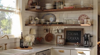 Una cocina con azulejos blancos, estantes de madera con vajilla, una botella de vino, tazas colgadas y una pizarra con el texto Cocina Casera.