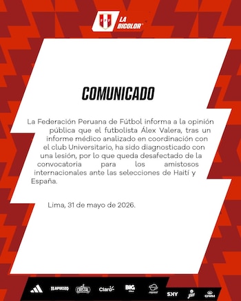 Comunicado de la FPF por la desconvocatoria de Alex Valera a la selección peruana para los amistosos contra Haití y España. - créditos: FPF