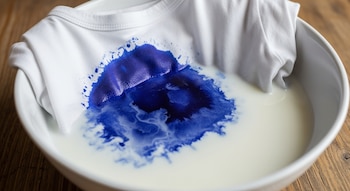 Primer plano de una camisa blanca con una mancha de tinta azul grande, sumergida en un tazón blanco con leche y vinagre, sobre una superficie de madera.