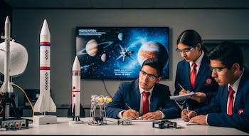 Tres estudiantes con gafas de seguridad, dos modelos de cohetes y equipos tecnológicos en una mesa. Pantalla al fondo muestra simulación de planetas y espacio.