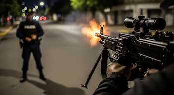 Manos de una persona disparan una ametralladora con mira telescópica y bípode, que genera un fogonazo de fuego. Un policía uniformado se ubica desenfocado al fondo.