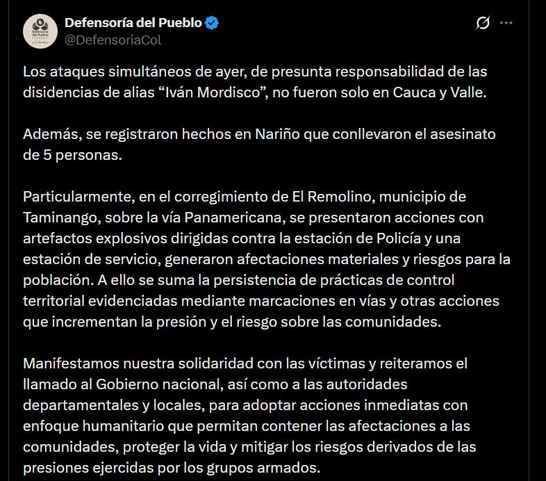 Los hechos violentos se extienden a nuevos departamentos, evidenciando la expansión del conflicto armado en el suroccidente colombiano - crédito @DefensoriaCol / X