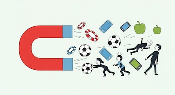Imán rojo y azul con forma de U atrae fichas de casino, balones de fútbol, teléfonos móviles, manzanas y figuras humanas estilizadas.