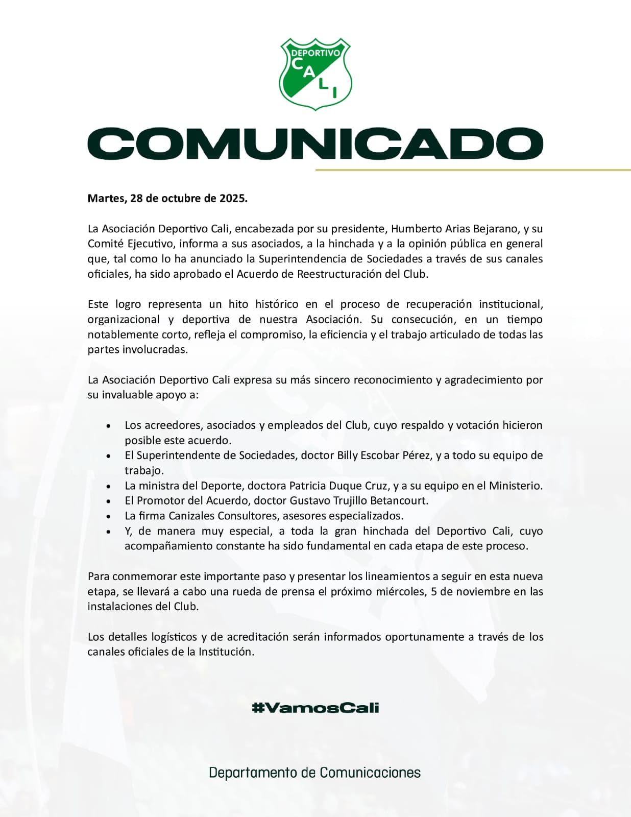 El club anunció que en próximos días tendrá lugar una rueda de prensa en la que darán más detalles relacionados con el acuerdo de reestructuración alcanzado - crédito @AsoDeporCali/X