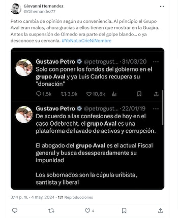 Críticas a Petro por utilizar gorra con logo del Grupo Aval - crédito @Gihernandez77/X