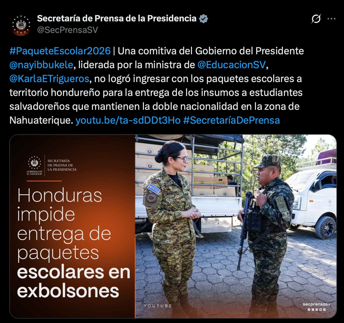 El Gobierno de El Salvador aseguró que una comitiva encabezada por la ministra de Educación no pudo ingresar paquetes escolares a territorio hondureño. (FOTO: X / Secretaría de Prensa de la Presidencia)