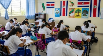 Un grupo de estudiantes con camisas blancas y pantalones azules escribe en pupitres de madera en un aula. Se ven banderas y símbolos de Costa Rica en la pared.