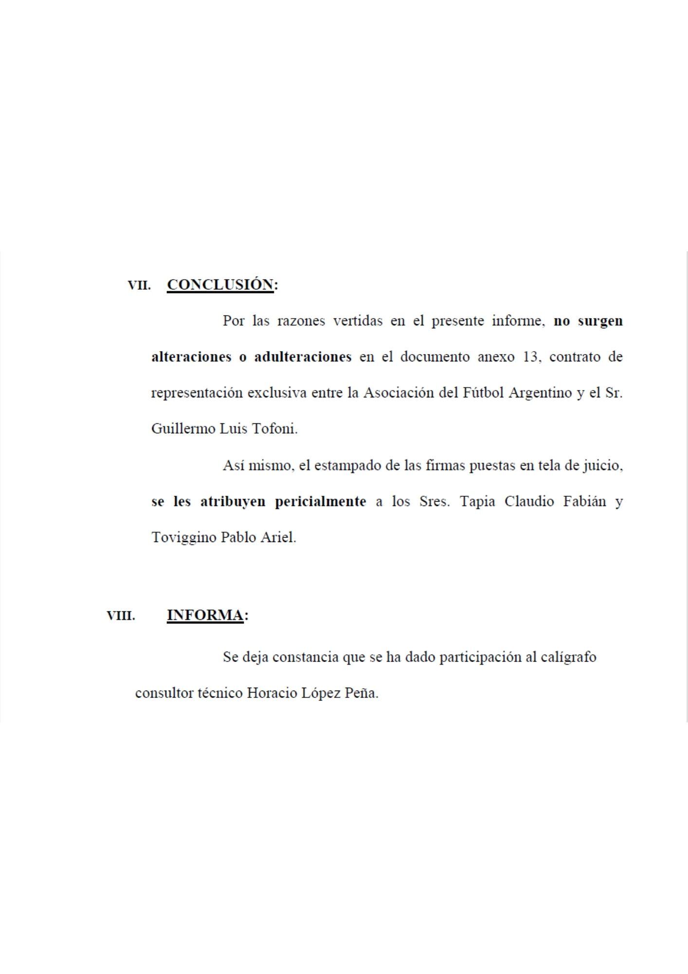 Conclusión de la pericia caligráfica realizada sobre las firmas de Tapia y Toviggino.
