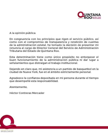 Anunció su salida del cargo a través de un comunicado oficial.