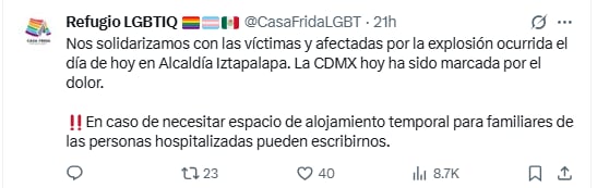 Casa Frida LGBT ofrece apoyo tras accidente en Puente de la Concordia. Foto: x.com/@CasaFridaLGBT