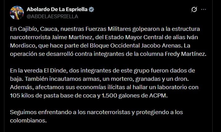 El Gobierno anuncia que mantendrá las acciones militares contra los grupos armados ilegales - crédito @ABDELAESPRIELLA / X