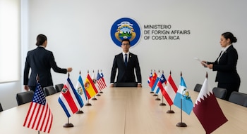 Vista frontal de una mesa de reuniones diplomáticas con banderas de Costa Rica, EE. UU., China, España y otras. Fondo blanco con logo de Cancillería de Costa Rica.