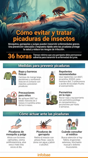Infografía de prevención y tratamiento de picaduras. Muestra un brazo con mosquito, garrapata y pulga, e iconos de ropa, repelentes, cuna y médico.