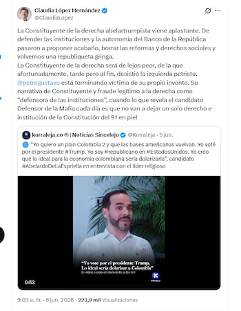 La excandidata presidencial Claudia López Hernández criticó propuestas de Abelardo de la Espriella sobre "bases americanas" en Colombia - crédito @ClaudiaLopez/X
