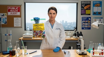 Una científica con bata de laboratorio y guantes azules sostiene una bolsa con chocolates envueltos y una etiqueta de 'Hazard Sildenafil Contamination'.