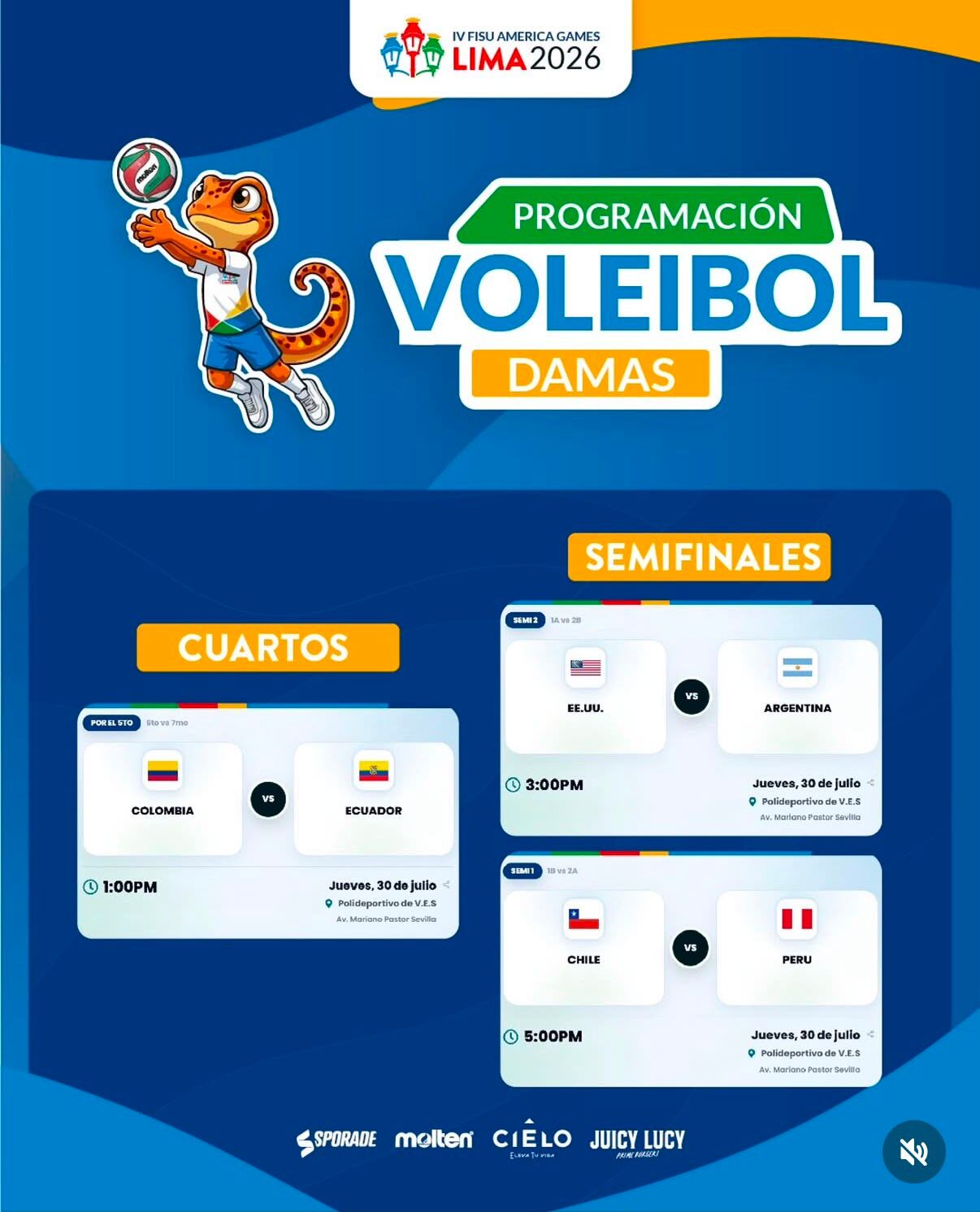 Programación de las semifinales de vóley de los Juegos Panamericanos Universitarios 2026.