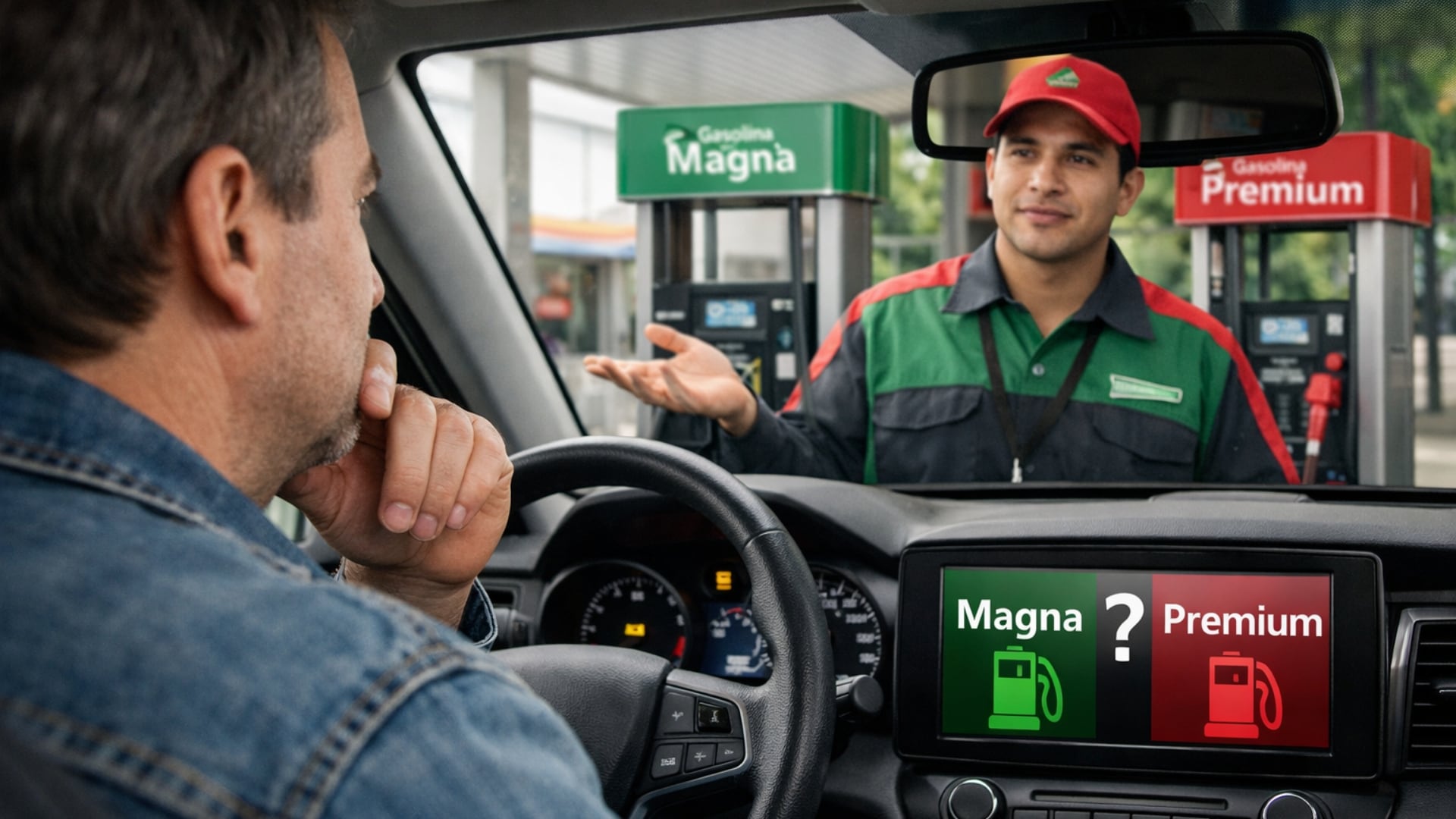 Un conductor mira a un despachador en una gasolinera mientras la pantalla de su coche muestra la disyuntiva entre gasolina Magna y Premium. (Imagen ilustrativa IA Infobae México)